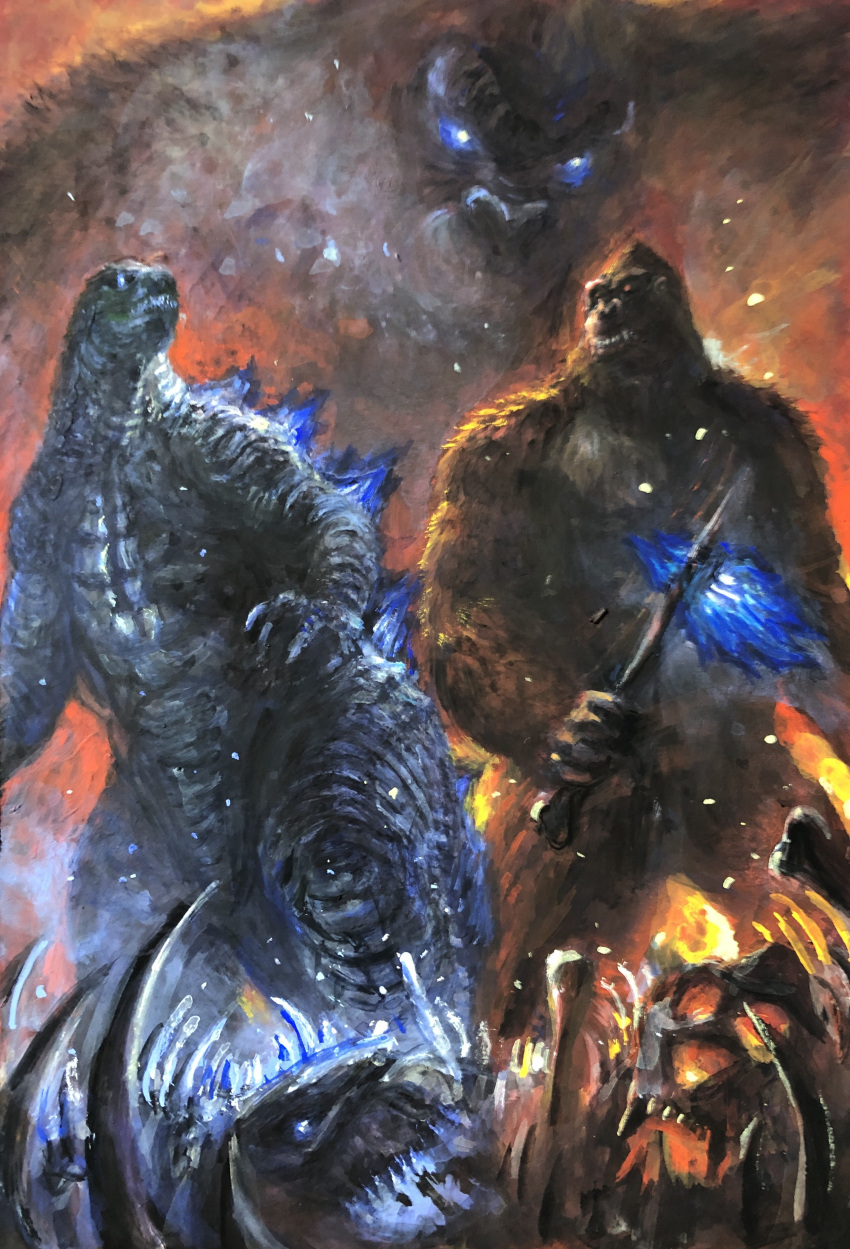 absurdres, animal, ape, axe, battle, bioluminescence, character_request, claws, crossover, destruction, fangs, g.n.a, giant, giant_monster, glowing, glowing_eyes, godzilla, godzilla:_king_of_the_monsters, godzilla_(monsterverse), godzilla_(series), godzilla_vs._kong, godzilla_x_kong_:_the_new_empire, gorilla, highres, holding, holding_axe, holding_weapon, kaijuu, king_kong, king_kong_(series), kong:_skull_island, kong_(monsterverse), long_tail, monster, monsterverse, muscular, no_humans, oversized_animal, scales, sharp_teeth, skar_king, strong, tail, teeth, weapon