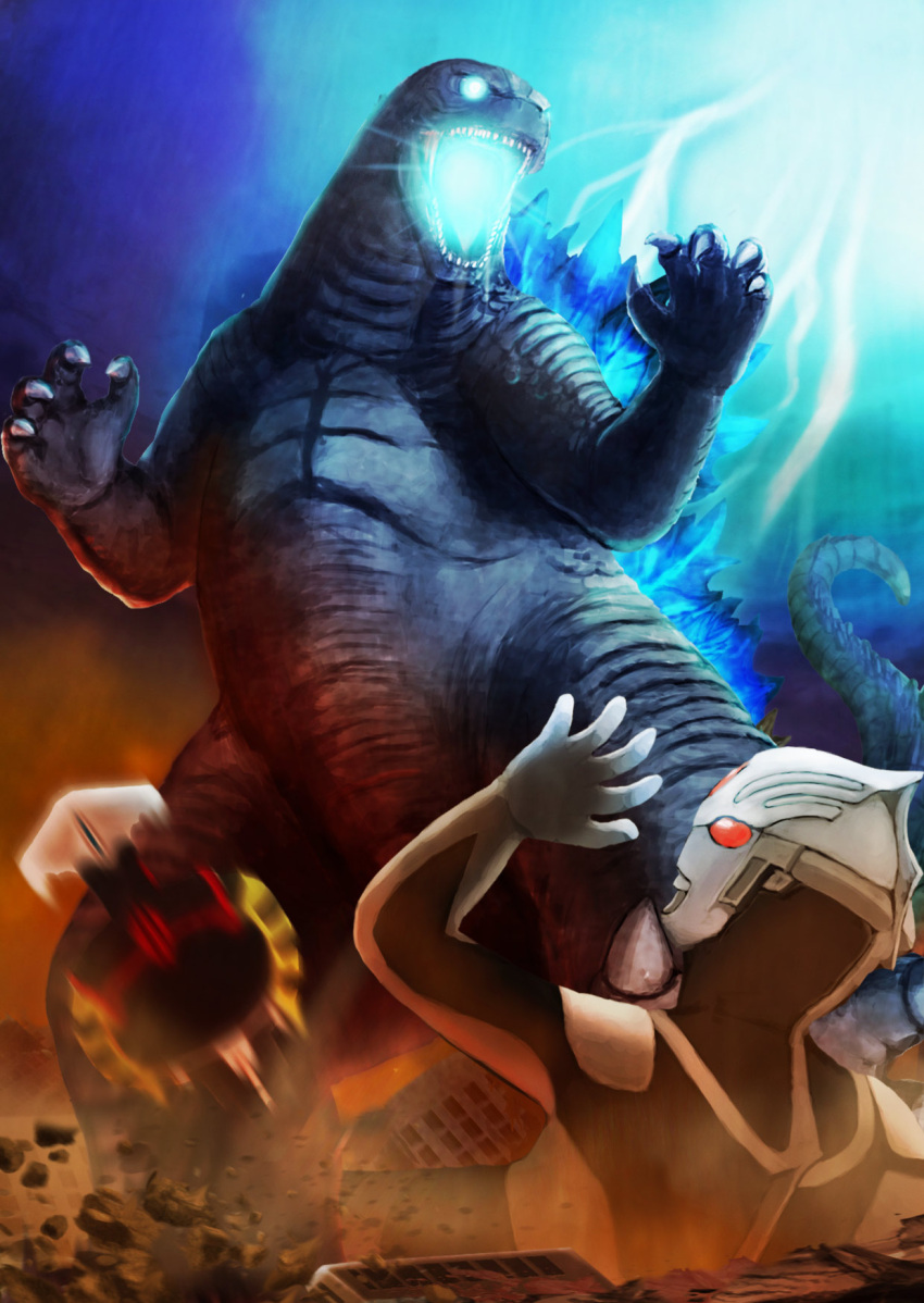 battle, bioluminescence, claws, crossover, destruction, fangs, giant, giant_monster