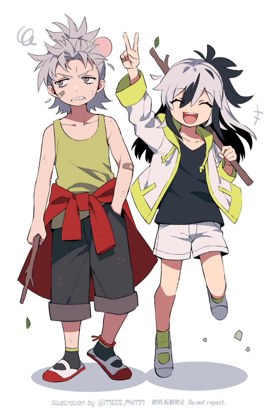aged_down, ankle_strap, bandaid, bandaid_on_arm, bandaid_on_face, black_hair, black_shirt, clothes_around_waist