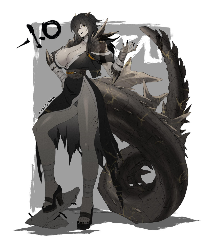 1girl, artist_request, black_hair, black_scales, breasts, colored_skin, genderswap, genderswap_(mtf)
