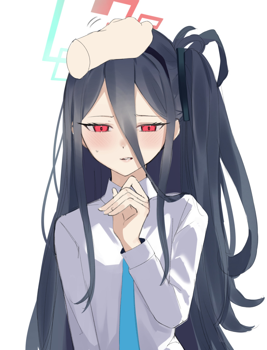 <key>_(blue_archive), 1girl, absurdres, aqua_necktie, averting_eyes, black_hair, blue_archive, blush