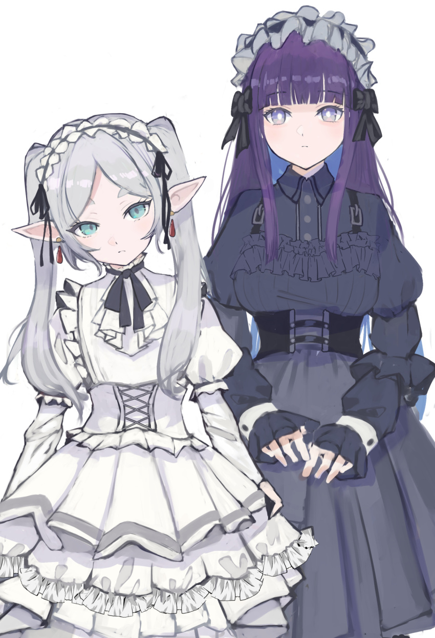 2girls, alternate_costume, apron, ascot, black_dress, black_headdress, blunt_bangs, breasts