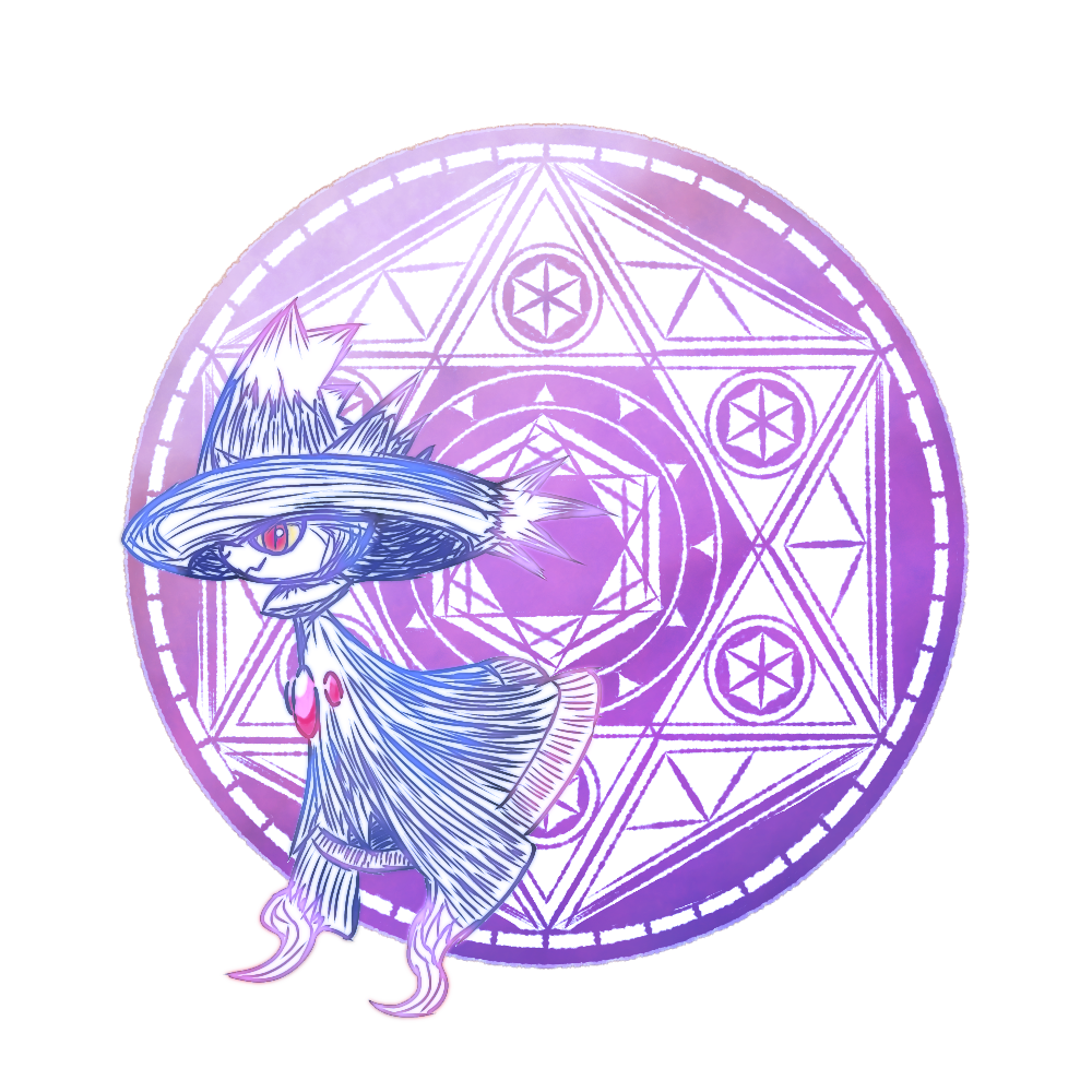 :3, closed_mouth, colored_sclera, commentary_request, floating, free_butterfree, full_body, ghost, happy, hat, hexagram, mismagius, no_humans, pokemon, pokemon_(creature), purple_background, red_eyes, round_image, slit_pupils, smile, solo, witch_hat, yellow_sclera