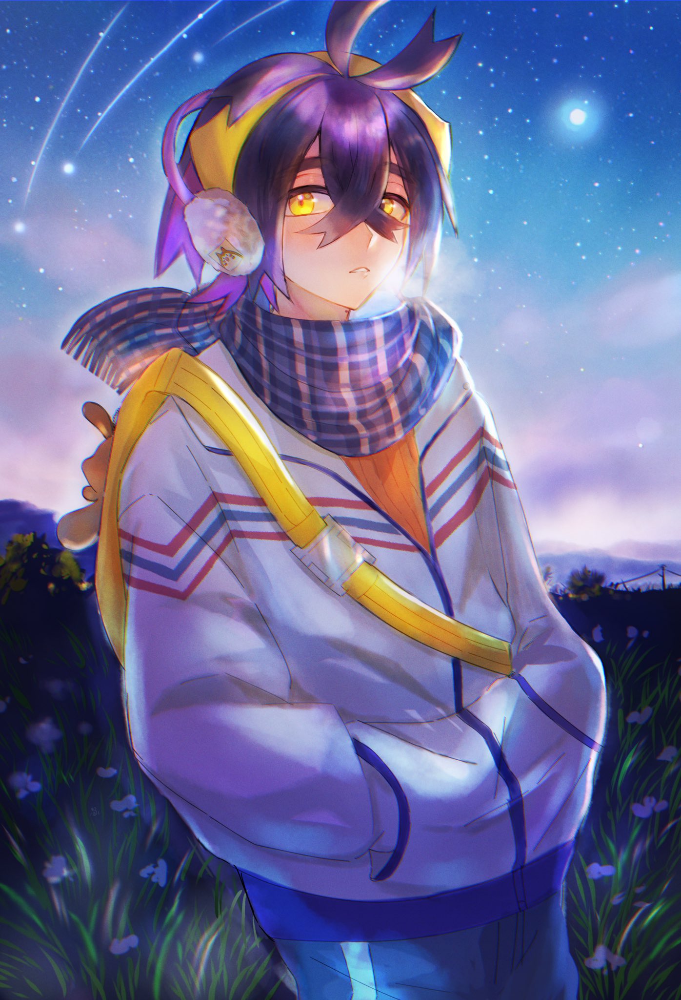 1boy, backpack, bag, black_hair, commentary_request, crossed_bangs, earmuffs, flower
