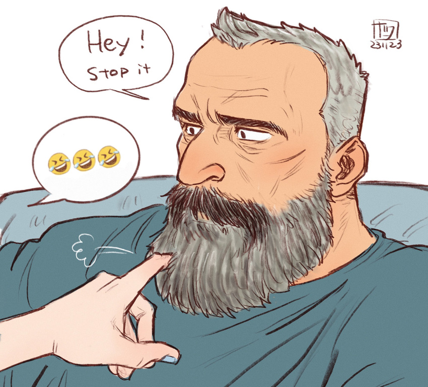 1boy, 1girl, aaron_gruber_(o_natsuo88), beard, beard_stubble, blue_shirt, emoji, english_text