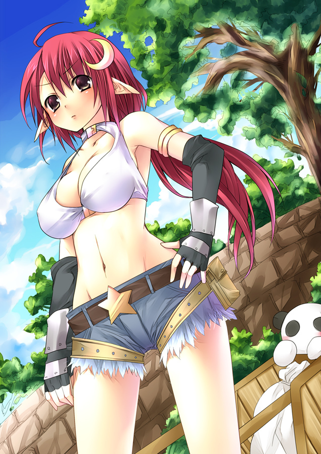 belt, belt_buckle, breasts, brown_eyes, cleavage, cutoffs, denim, denim_shorts