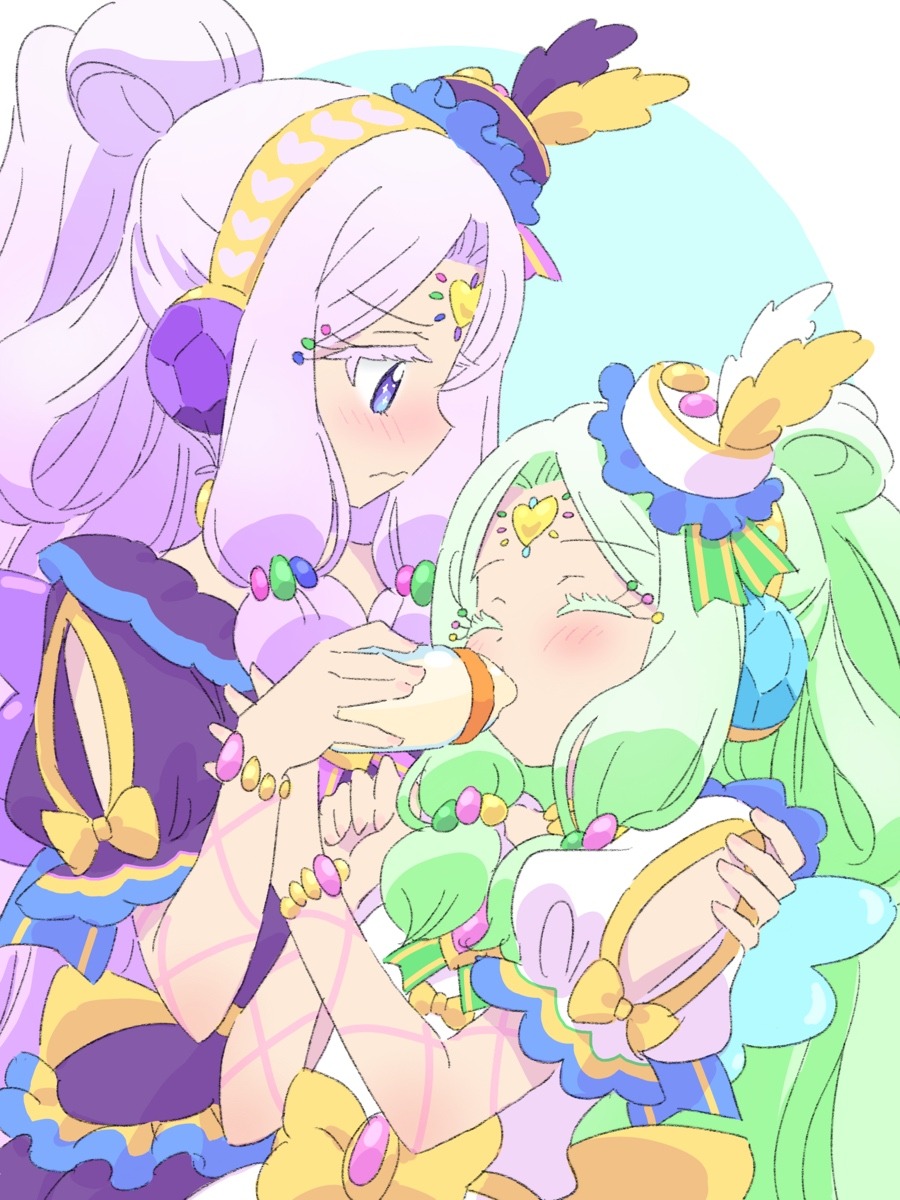 2girls, blue_wings, blush, bottle, bow, bracelet, closed_eyes, closed_mouth