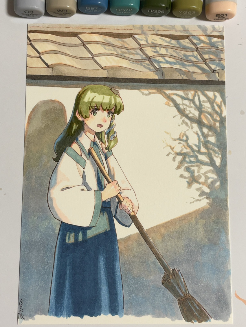 1girl, art_tools_in_frame, blue_skirt, broom, collared_shirt, detached_sleeves, frog_hair_ornament, green_eyes