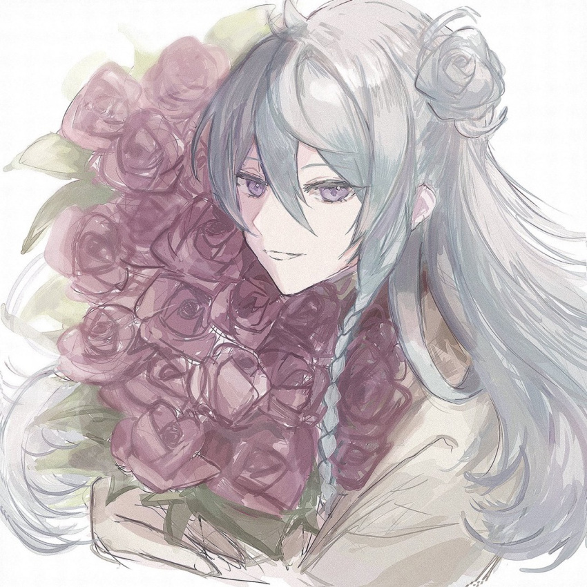 1boy, androgynous, blue_hair, bouquet, braid, ensemble_stars!, flower, hair_bun