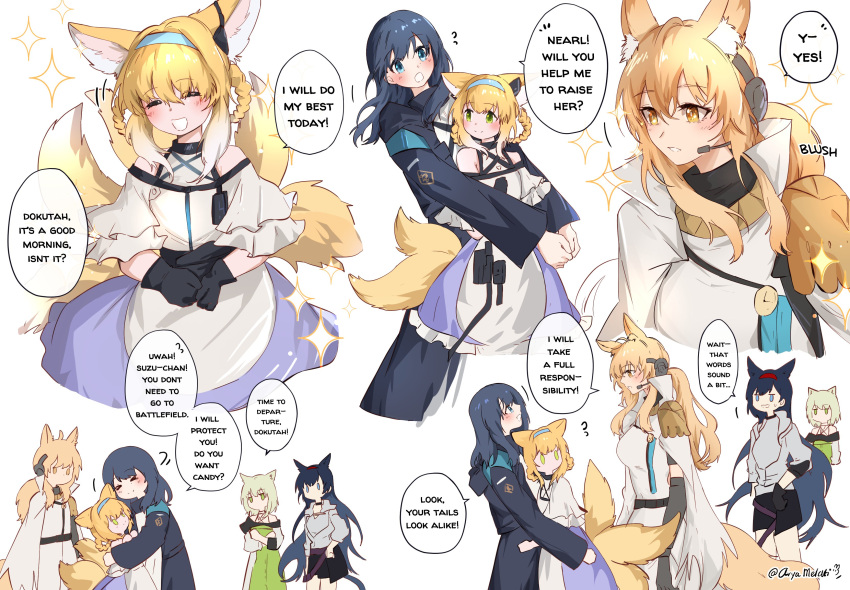 5girls, absurdres, animal_ears, arknights, arya_melati, bare_shoulders, black_coat, black_gloves