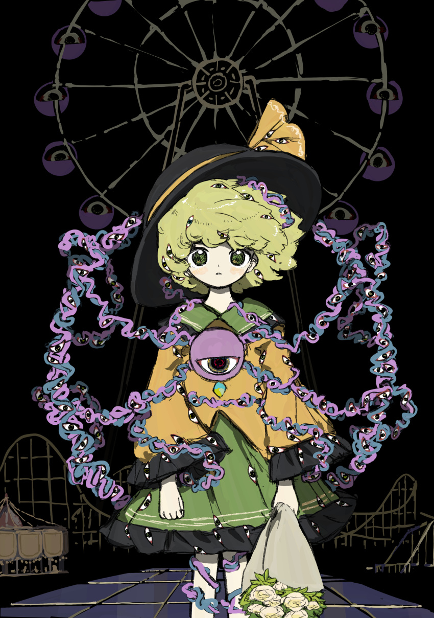 1girl, absurdres, amusement_park, black_headwear, blouse, bouquet, bow, buttons, carousel, diamond_button, dress, eyeball, ferris_wheel, flower, fluffy_hair, frilled_dress, frilled_shirt_collar, frilled_sleeves, frills, green_dress, green_hair, hair_in_eyes, hat, hat_bow, heart, heart_of_string, highres, holding, holding_bouquet, komeiji_koishi, neruzou, roller_coaster, rose, shirt, solo, standing, surreal, third_eye, tiles, too_many_eyes, touhou, white_flower, white_rose, wide_sleeves, yellow_shirt