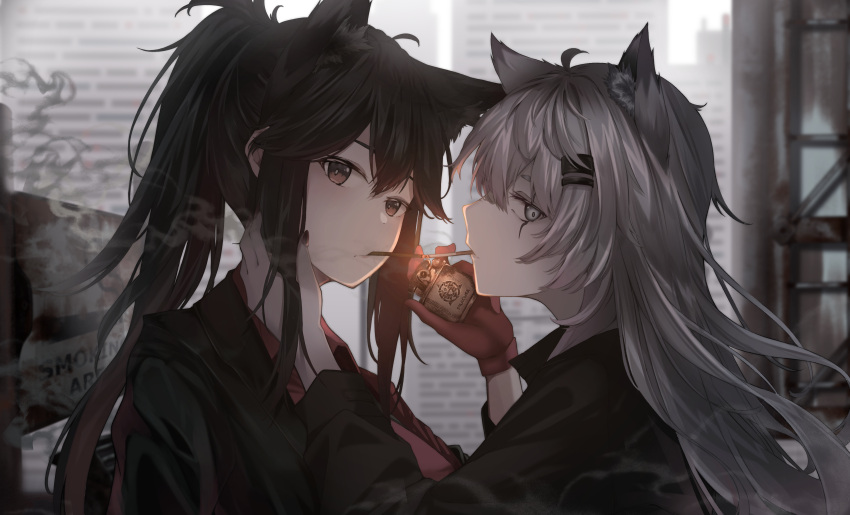 2girls, absurdres, ahoge, animal_ear_fluff, animal_ears, arknights, black_hair, black_jacket