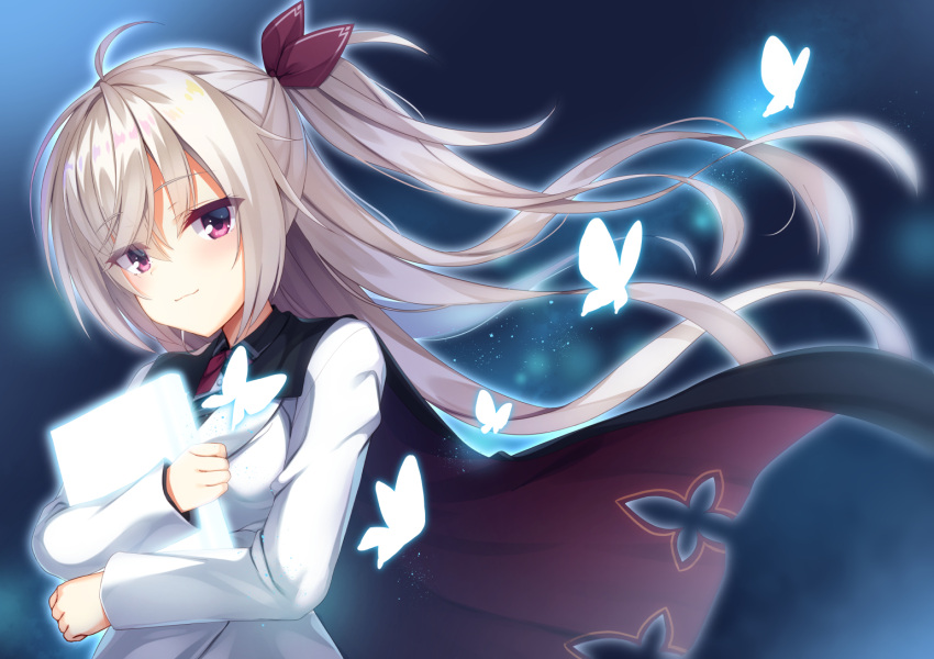 1girl, :3, ahoge, akizuki_kanna, aria_(koiiroharemoyou), black_cape, blue_background, blue_butterfly