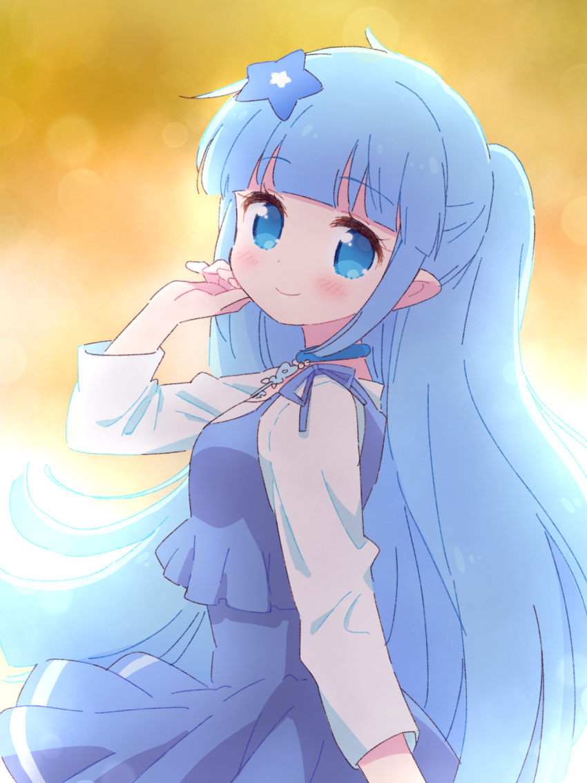 1girl, adjusting_hair, backlighting, blue_choker, blue_dress, blue_eyes, blue_hair, blunt_bangs