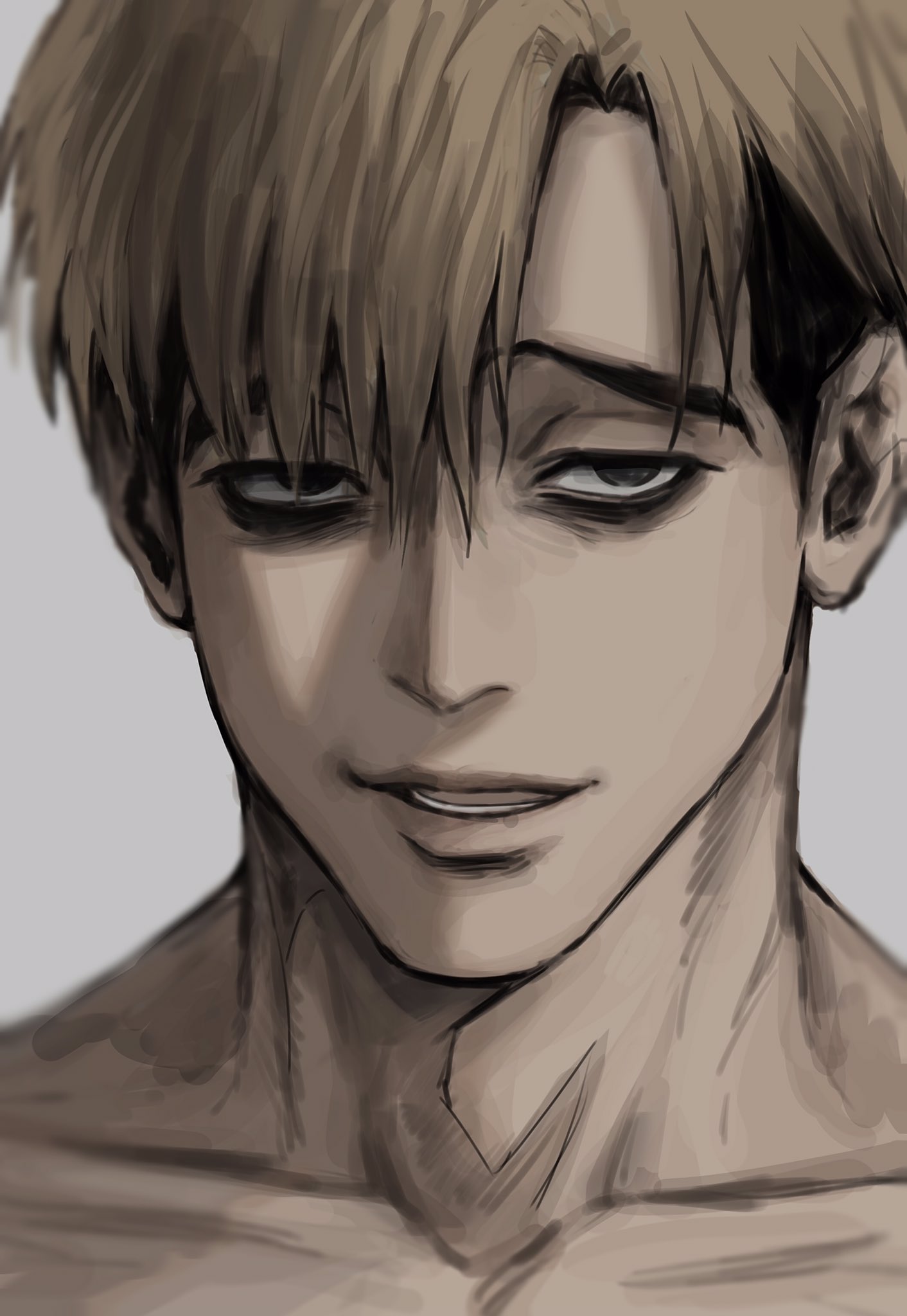 1boy, black_eyes, blonde_hair, collarbone, commentary, eyeshadow, grey_background, highres