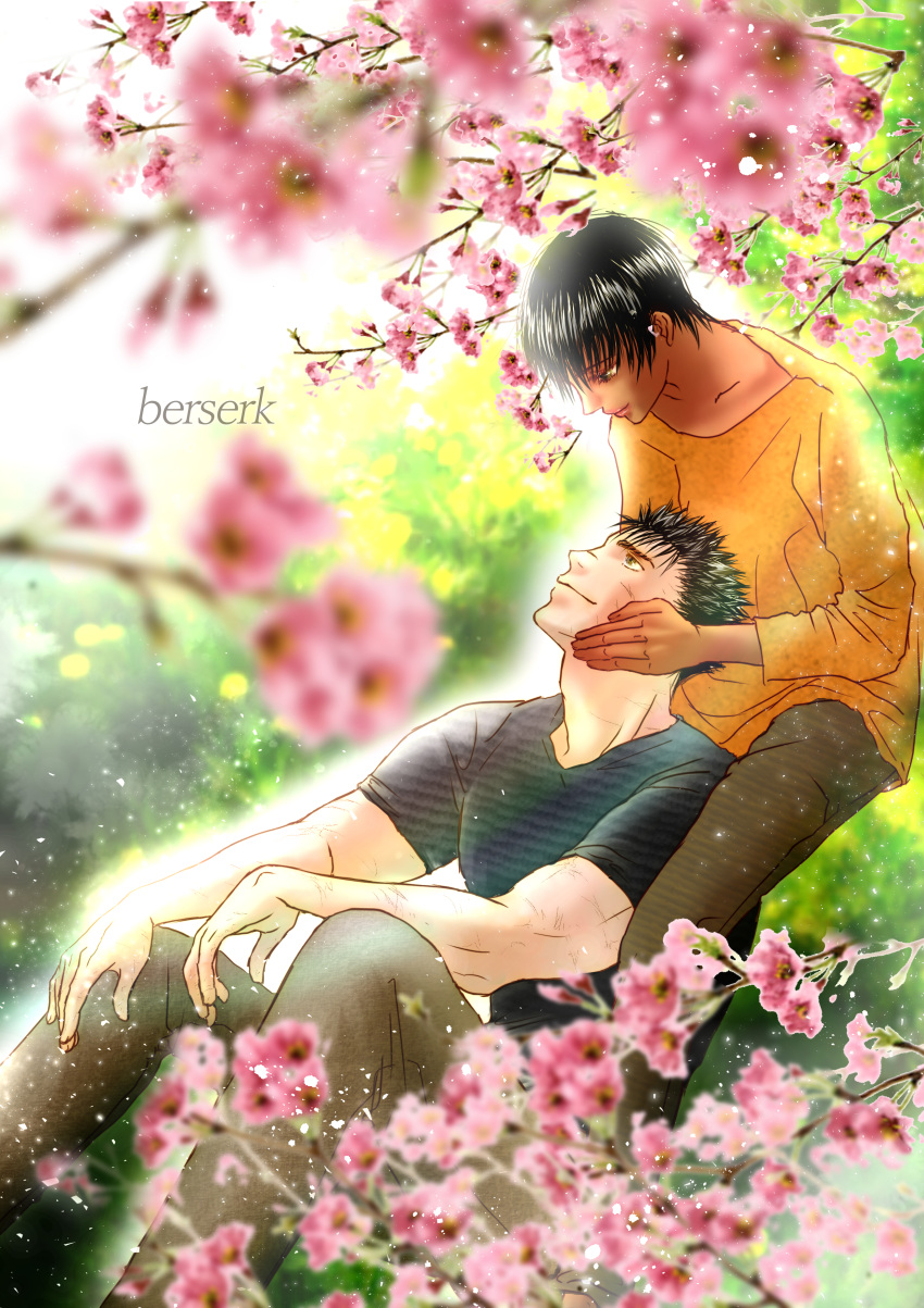 1boy, 1girl, absurdres, berserk, black_hair, black_shirt, casca_(berserk), cherry_blossoms