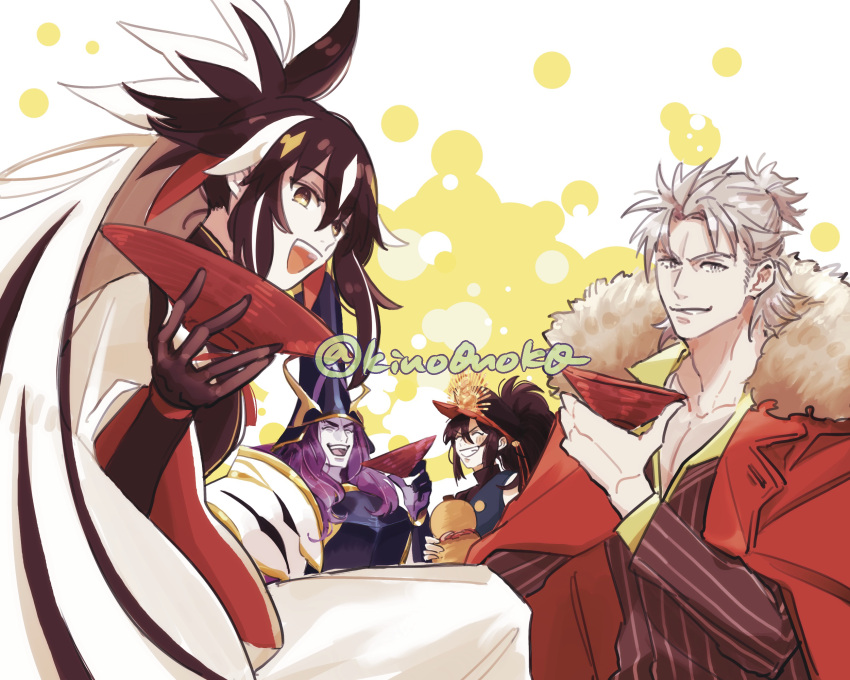 1girl, 3boys, armor, black_hair, coat, coat_on_shoulders, cup, fate/grand_order, fate_(series), gourd, grey_eyes, grey_hair, grin, helmet, highres, imagawa_yoshimoto_(fate), kino0nok0, laughing, long_hair, multicolored_hair, multiple_boys, nagao_kagetora_(fate), oda_kippoushi_(fate), oda_nobunaga_(fate), ponytail, purple_hair, sakazuki, smile, striped_suit, suit, takeda_shingen_(fate), twitter_username, two-tone_hair, uesugi_kenshin_(fate), uesugi_kenshin_(third_ascension)_(fate), white_hair, yellow_eyes