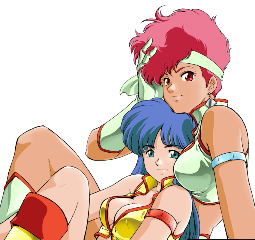 1980s_(style), 2girls, armlet, between_breasts, blue_eyes, blue_hair, breasts, crop_top
