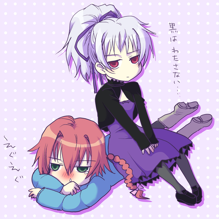 blush, boots, braid, darker_than_black, dress, green_eyes, hair_ribbon, harald, jacket, long_hair, lying, multiple_girls, negi_hei, pantyhose, ponytail, red_eyes, red_hair, redhead, ribbon, silver_hair, single_braid, sitting, sitting_on_person, suou_pavlichenko, yin