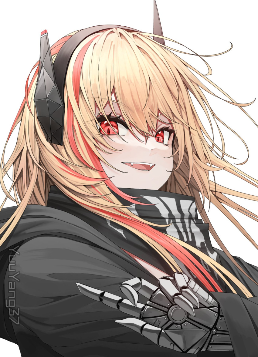 1girl, artist_name, bandana_around_neck, black_jacket, blonde_hair, fangs, girls_frontline, headgear