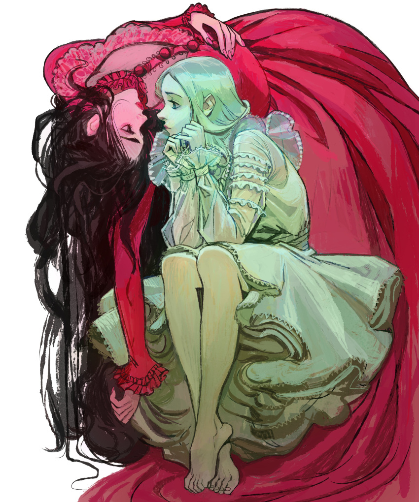 2girls, absurdres, barefoot, black_hair, carmilla, dress, highres, long_hair
