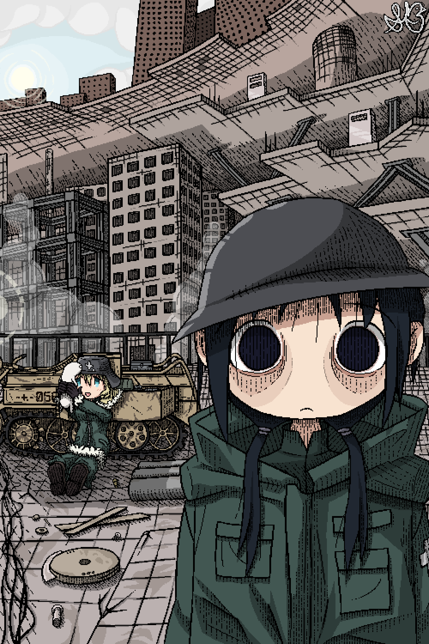 2girls, artist_request, black_eyes, black_hair, blonde_hair, blue_eyes, chito_(shoujo_shuumatsu_ryokou), empty_eyes, fur-trimmed_jacket, fur_trim, green_jacket, green_pants, highres, jacket, kettenkrad, looking_at_viewer, multiple_girls, non-web_source, nuko_(shoujo_shuumatsu_ryokou), pants, parody, pixel_art, shoujo_shuumatsu_ryokou, source_request, the_two-thousand_yard_stare, thousand_yard_stare, yuuri_(shoujo_shuumatsu_ryokou)