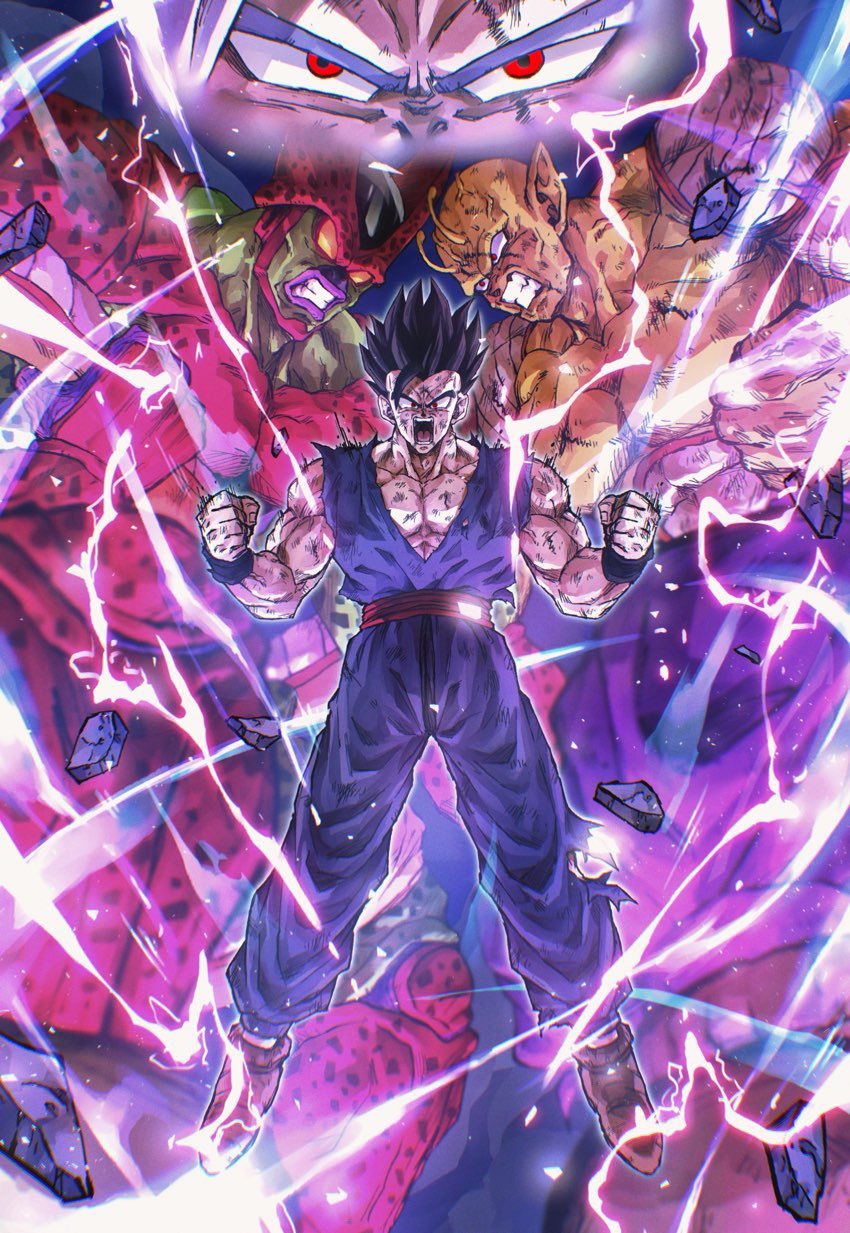 3boys, aura, black_hair, cell_max, colored_skin, dougi, dragon_ball, dragon_ball_super