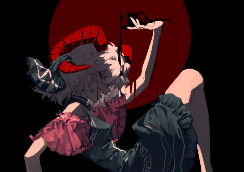 1girl, black_background, blue_dress, crude_oil, cup, detached_sleeves, dress, drinking_glass, feet_out_of_frame, frilled_dress, frills, hair_between_eyes, horn_ornament, horn_ribbon, horns, long_bangs, looking_at_viewer, looking_to_the_side, meandros, medium_hair, open_mouth, patterned_clothing, pink_sleeves, pouring, pouring_onto_self, profile, red_background, red_eyes, red_horns, ribbon, sharp_teeth, sheep_horns, smile, solo, teeth, touhou, toutetsu_yuuma, white_hair, wine_glass, xian_qishui