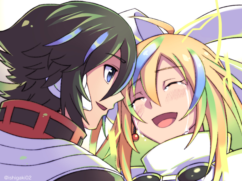 animal_ears, black_hair, blaster_master_zero, blonde_hair, blue_eyes, blush, cat_ears, closed_eyes
