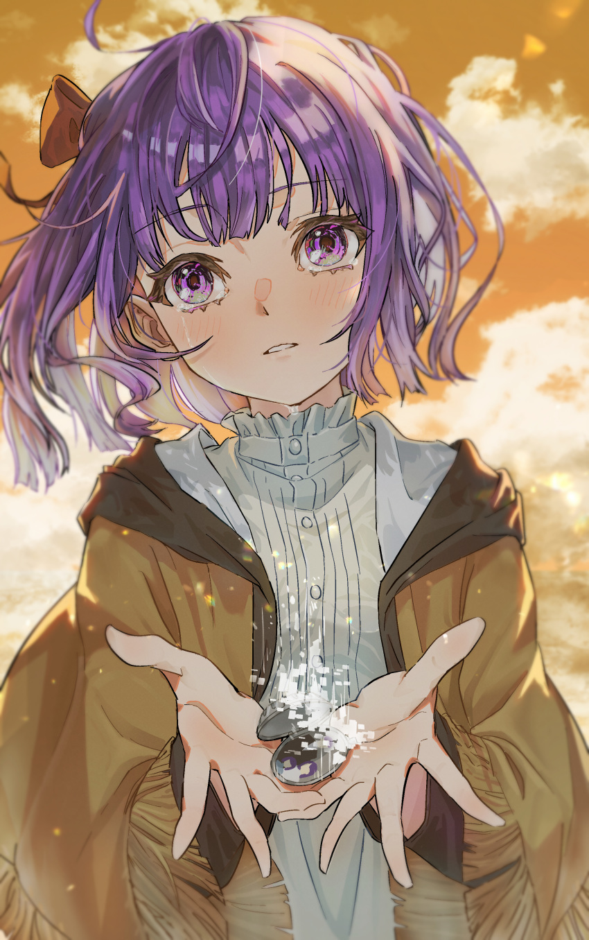 1girl, absurdres, alternate_hair_length, alternate_hairstyle, bow, brown_coat, clip_studio_paint_(medium), clouds