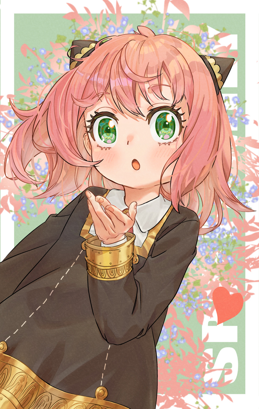 1girl, absurdres, anya_(spy_x_family), black_dress, blowing_kiss, child, clip_studio_paint_(medium), collared_shirt
