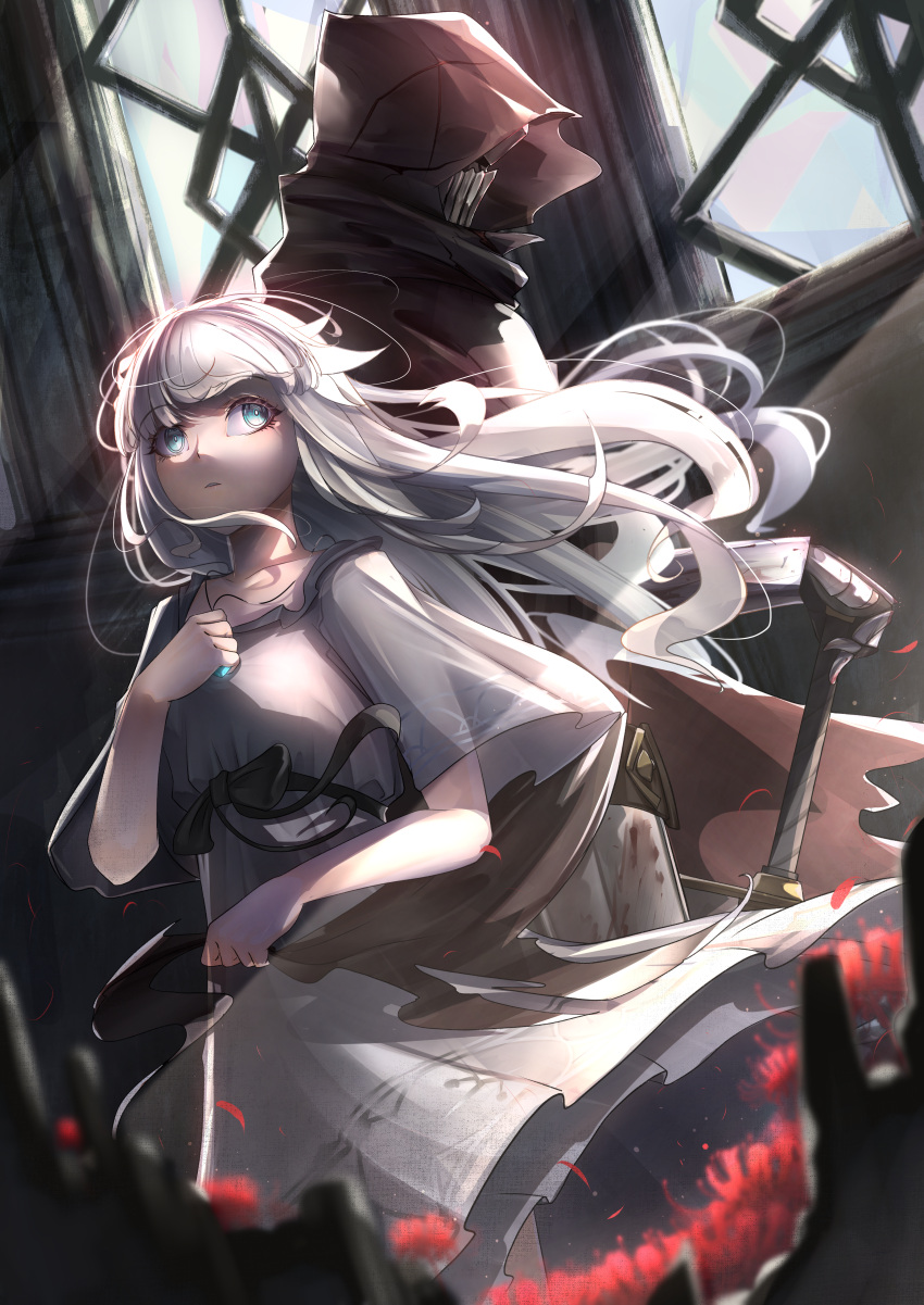 1boy, 1girl, absurdres, armor, black_cloak, black_ribbon, blue_eyes, cloak