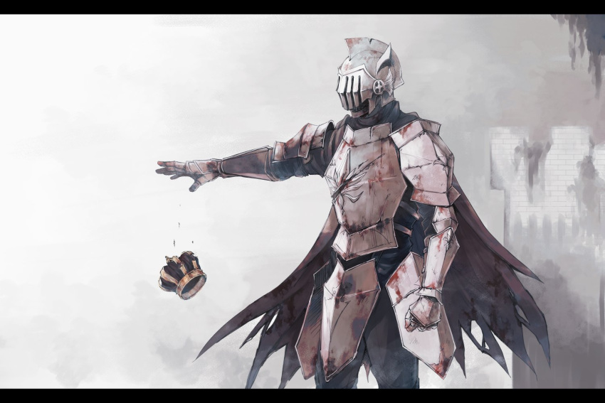 1boy, armor, blood, blood_on_armor, breastplate, cape, commentary_request, cowboy_shot