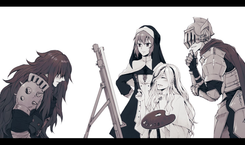 2boys, 2girls, armor, blush, canvas_(object), cape, closed_eyes, commentary_request, corruption, dress, embarrassed, ender_lilies_quietus_of_the_knights, fretia_(ender_lilies), full_armor, full_body, greyscale, guardian_silva, habit, hair_over_one_eye, helmet, holding, holding_paintbrush, knight, knight_captain_julius, letterboxed, long_hair, monochrome, multiple_boys, multiple_girls, nun, paintbrush, painting_(action), palette_(object), shoulder_spikes, simple_background, smile, sorakaze_(mire), spikes, tendril, ulv_the_mad_knight, upper_body, white_background