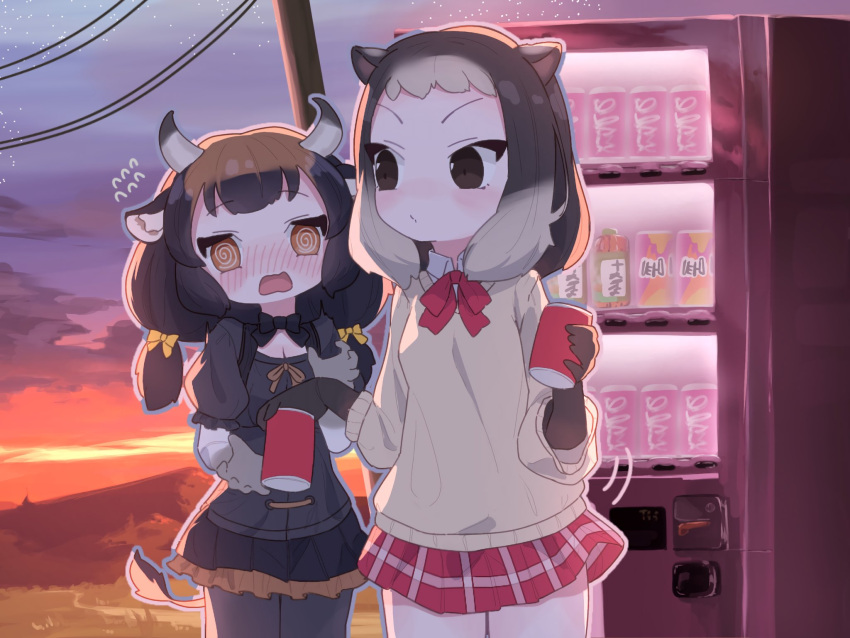 2girls, @_@, alpine_marmot_(kemono_friends), animal_ears, banteng_(kemono_friends), black_bow, black_bowtie, black_pantyhose