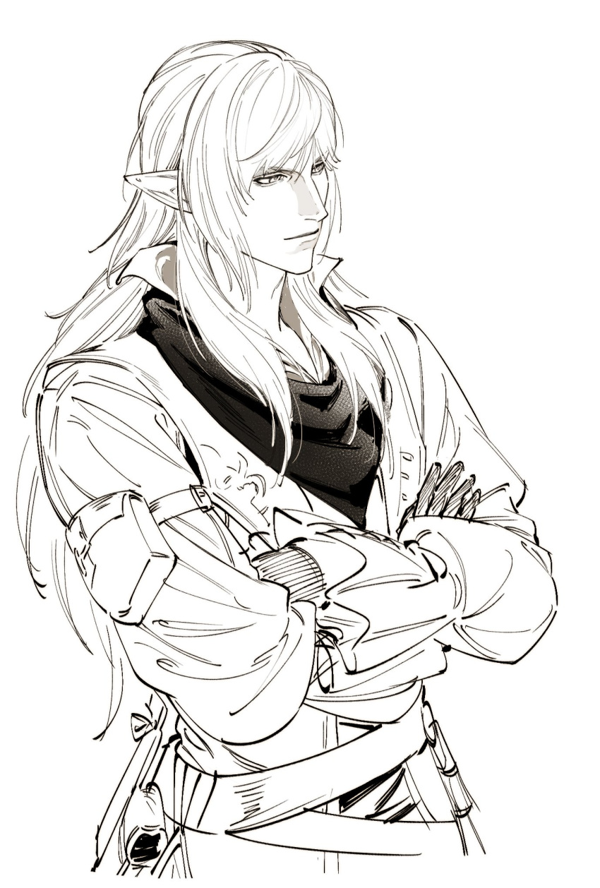 1boy, arm_belt, arm_pouch, belt, belt_pouch, collared_jacket, crossed_arms, elezen, elf, estinien_varlineau, final_fantasy, final_fantasy_xiv, from_side, gloves, greyscale, hebi86070749, highres, jacket, light_smile, lineart, long_hair, long_sleeves, looking_ahead, male_focus, monochrome, pointy_ears, pouch, scarf, simple_background, solo, upper_body, white_background