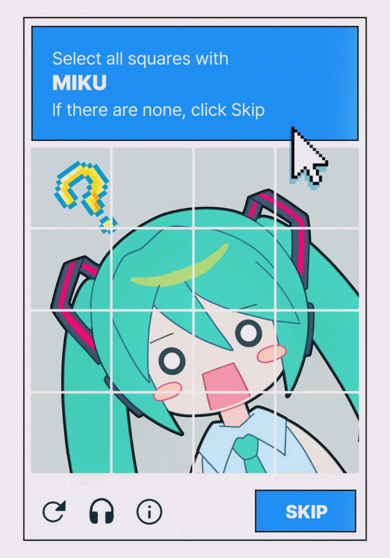 1girl, ?, aqua_hair, aqua_necktie, blush_stickers, captcha, commentary, cursor, english_commentary, english_text, hachune_miku, hair_between_eyes, hatsune_miku, highres, long_hair, looking_at_viewer, morizo_(morizoshop), necktie, o_o, open_mouth, solo, twintails, vocaloid