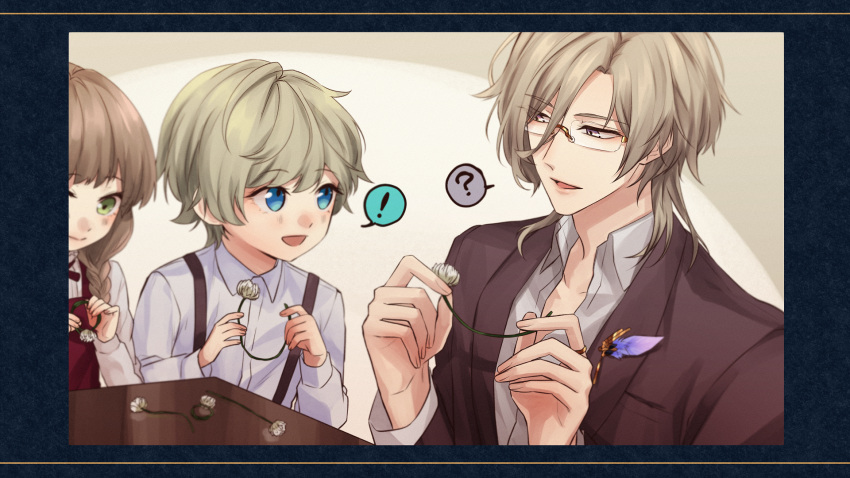 !, 1girl, 2boys, :d, ?, blue_border, blue_eyes, border, braid, breast_pocket, brown_hair, brown_jacket, child, closed_mouth, collared_shirt, commentary, flower, glasses, green_eyes, grey_background, grey_eyes, henri_lambert, highres, holding, holding_flower, iritani_ryouya, jacket, lapel_pin, lapels, long_hair, long_sleeves, looking_at_another, looking_to_the_side, multiple_boys, neck_ribbon, open_clothes, open_jacket, open_mouth, piofiore_no_bansho, pocket, rectangular_eyewear, red_ribbon, red_vest, ribbon, rimless_eyewear, shawl_lapels, shirt, short_hair, smile, spoken_exclamation_mark, spoken_question_mark, suspenders, two-tone_background, upper_body, vest, white_background, white_flower, white_shirt