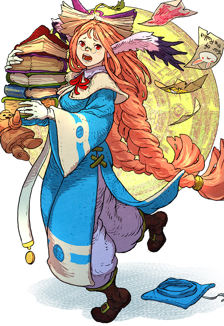 1girl, 1other, animal_ears, belt_boots, blue_robe, blush_stickers, book, book_on_head