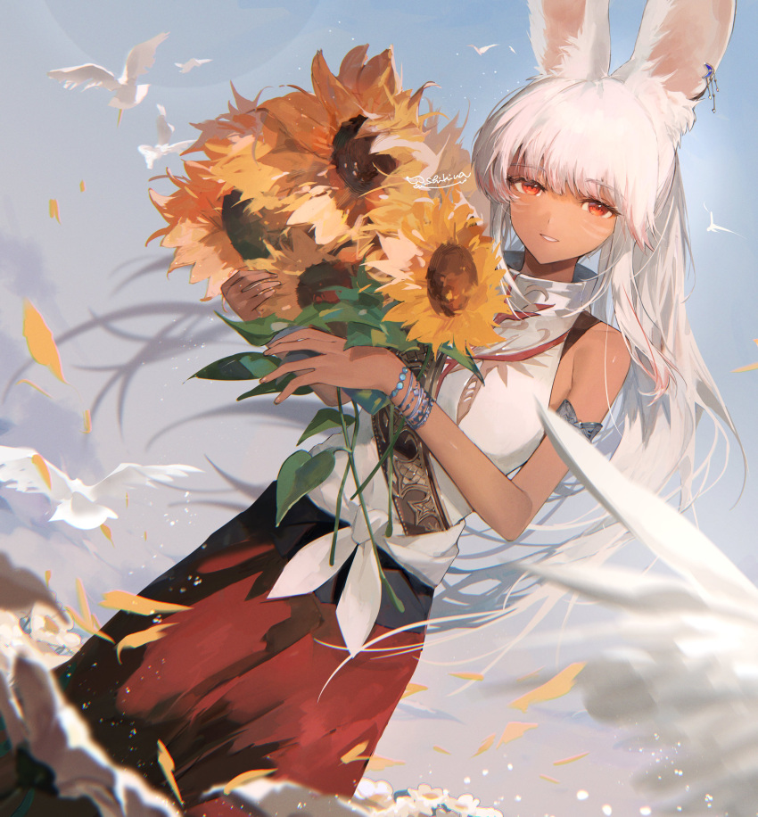 1girl, absurdres, animal_ears, armlet, bare_shoulders, blue_sky, bracelet, clouds