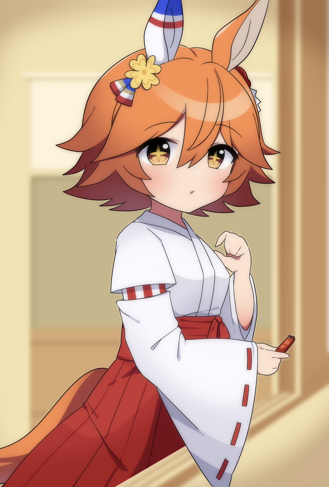 1girl, alternate_costume, animal_ears, blurry, blurry_background, blush, clover_hair_ornament, commentary_request