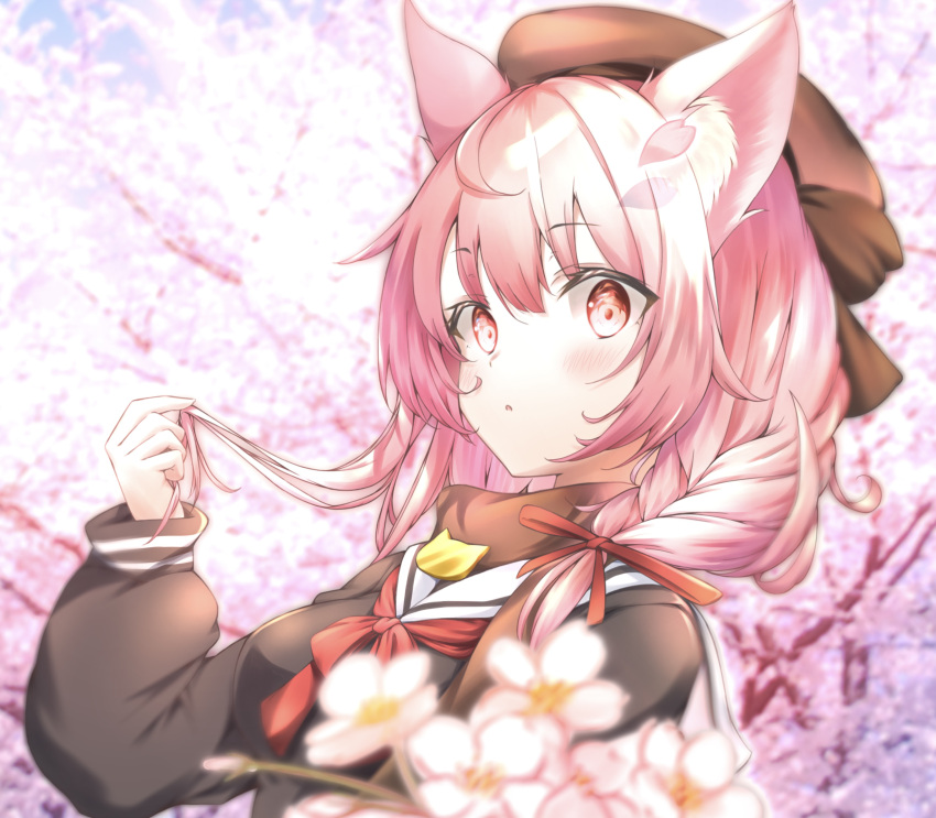 1girl, :o, absurdres, animal_ear_fluff, animal_ears, asobineko_(neko_irastonyan), beret, black_shirt
