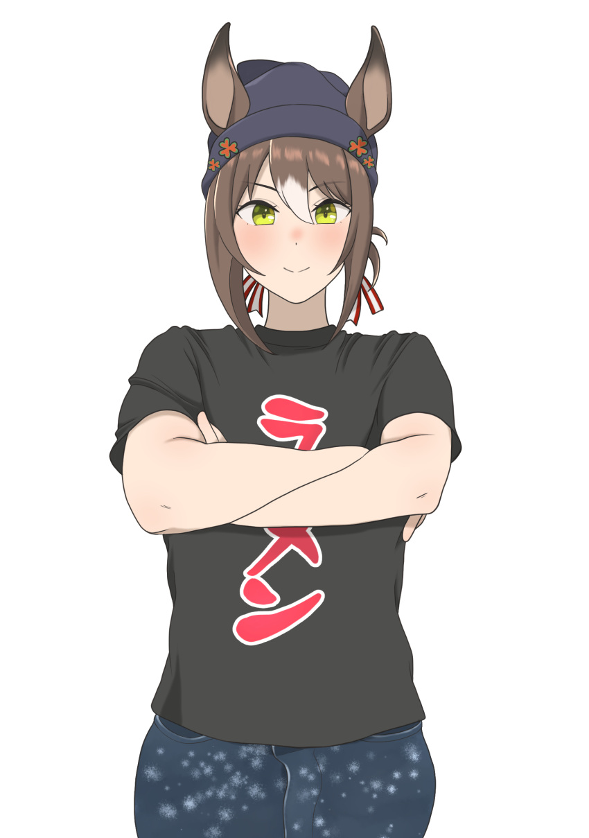 1girl, absurdres, alternate_costume, animal_ears, beanie, black_shirt, blue_headwear, closed_mouth