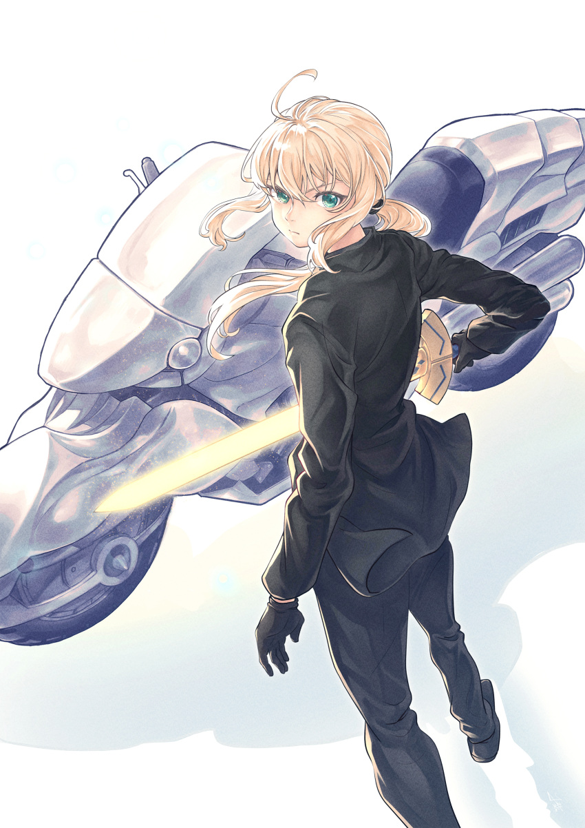 1girl, absurdres, ahoge, artoria_pendragon_(fate), black_footwear, black_gloves, black_jacket, black_pants