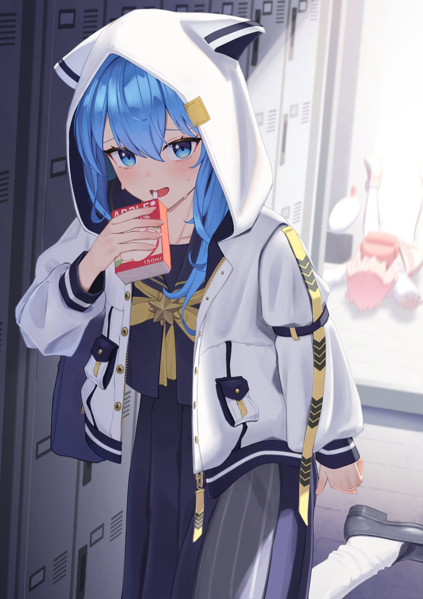 1girl, absurdres, animal_hood, black_footwear, blue_hair, bow, cat_hood, ecli_xx