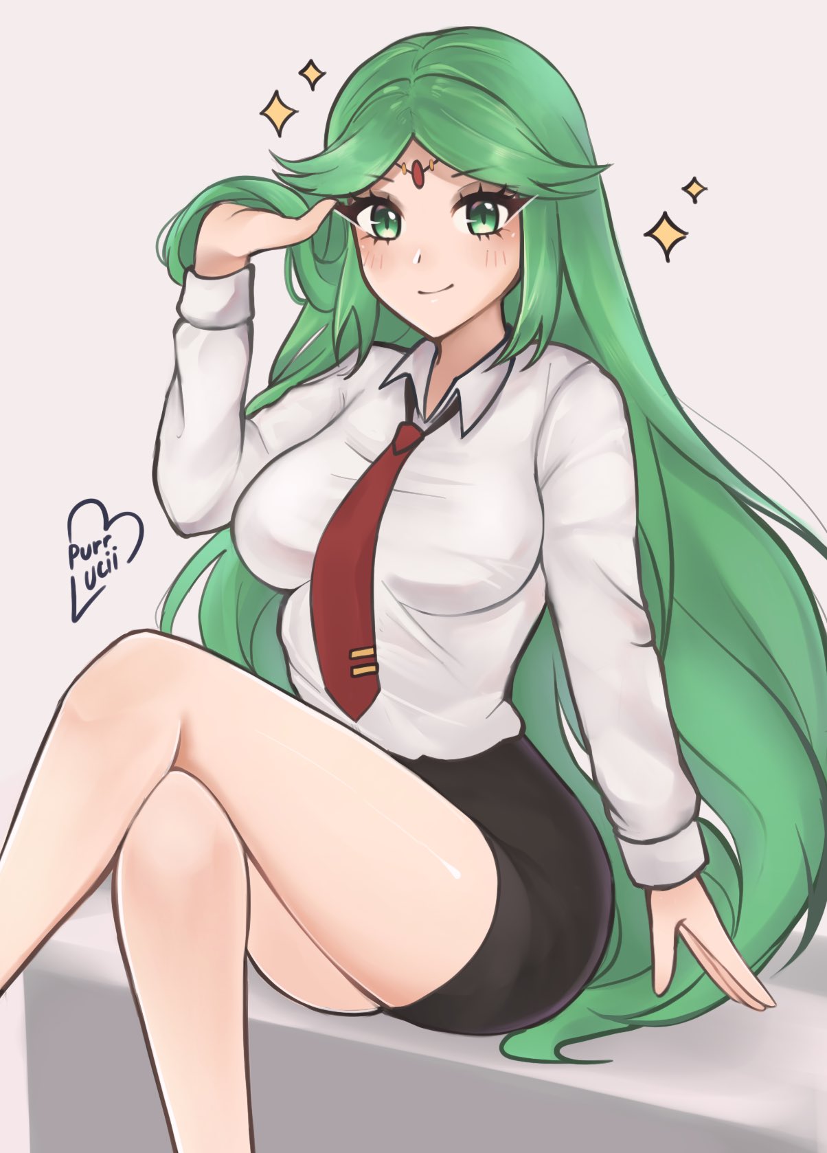 1girl, alternate_costume, artist_name, breasts, circlet, crossed_legs, english_commentary, green_eyes, green_hair, hair_flip, highres, kid_icarus, long_hair, looking_at_viewer, medium_breasts, office, palutena, pencil, purrlucii, red_tie, sitting, solo, very_long_hair