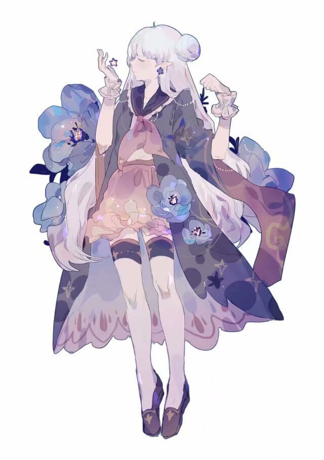1girl, ahoge, anemone_(flower), black_footwear, black_sailor_collar, blunt_bangs, clenched_hands, closed_eyes