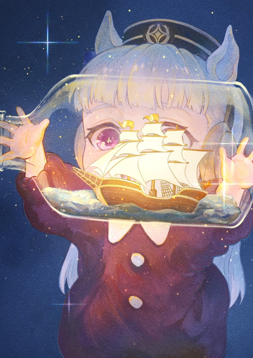 1girl, animal_ears, bottle, brown_headwear, child, collared_dress, diffraction_spikes, dress, gold_ship_(umamusume), hat, highres, horse_ears, jean_jdw, long_hair, long_sleeves, open_mouth, red_dress, ship_in_a_bottle, solo, sparkle, standing, star_(sky), umamusume, umamusume:_peace_peace_cepea_cepea_golshi-chan, upper_body, violet_eyes, water