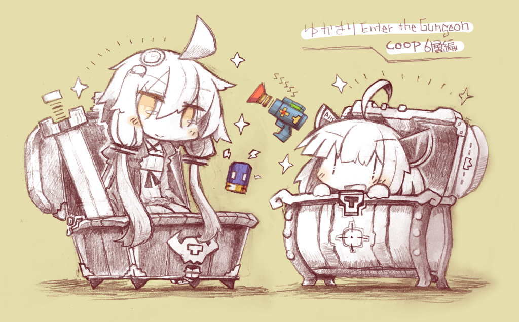 2girls, :d, ahoge, blush, bullet, character_name, chibi, closed_mouth