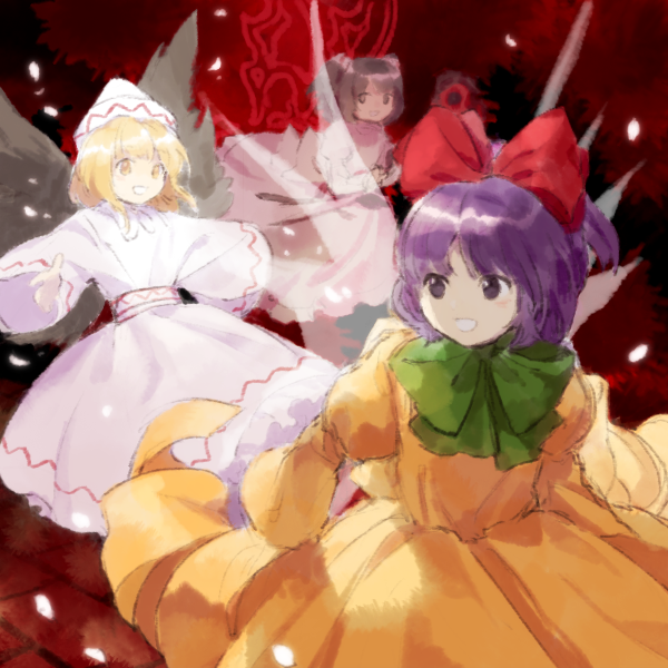 3girls, blonde_hair, dress, flat_chest, green_ribbon, hair_ribbon, hat, kaigen_1025